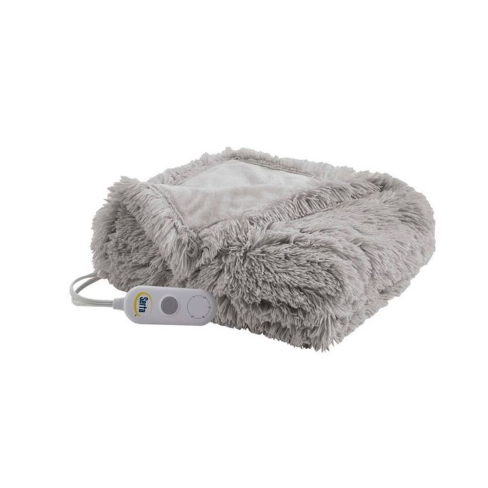 Serta Heated Shaggy Throw Blanket Faux Fur Electric 50"x60" Leena Gray